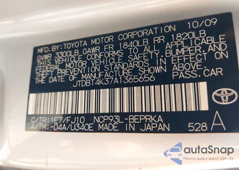 2010 Toyota Yaris z USA, uszkodzony, nr VIN JTDBT4K37A1365656